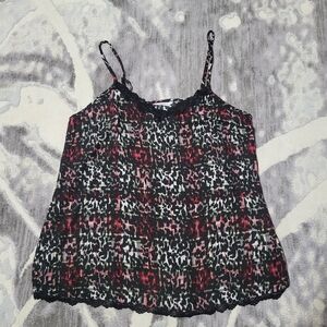 Reitmans Lace-Trim Printed Spaghetti Strap Cami Top - Black & Red Size L